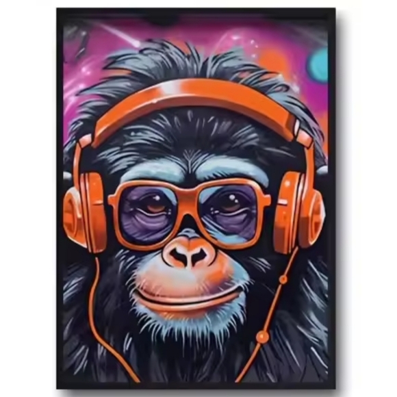 Other - FRAMED Chimpanzee DJ Large 12"x16" Colorful Canvas Pop Art Deco